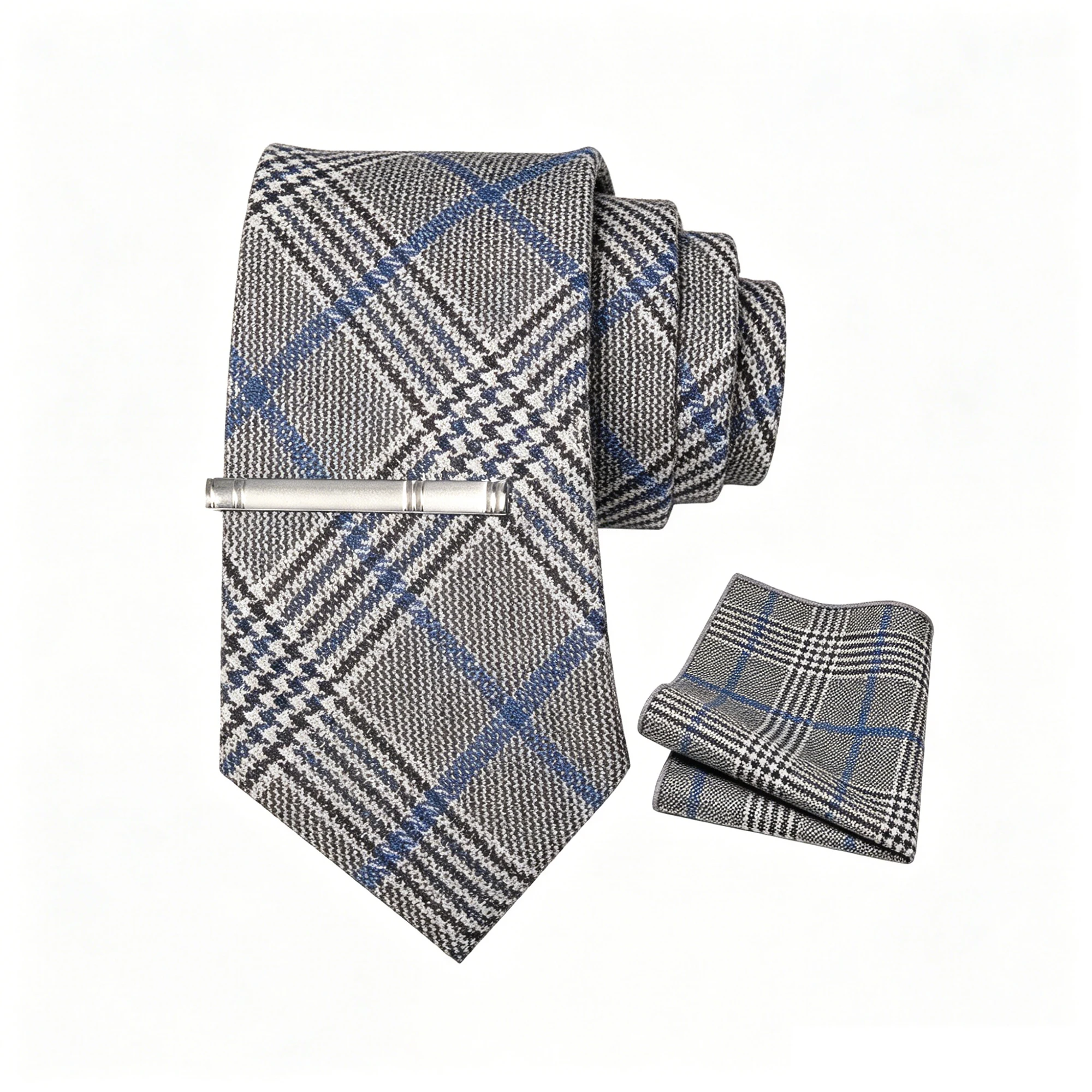 Klassische Wollkrawatte für Herren, braun-grau, gestreift, kariert, einfarbig, Kaschmir-Krawatte, Einstecktuch-Set, Hochzeitsaccessoire, Geschenk – Detail 4