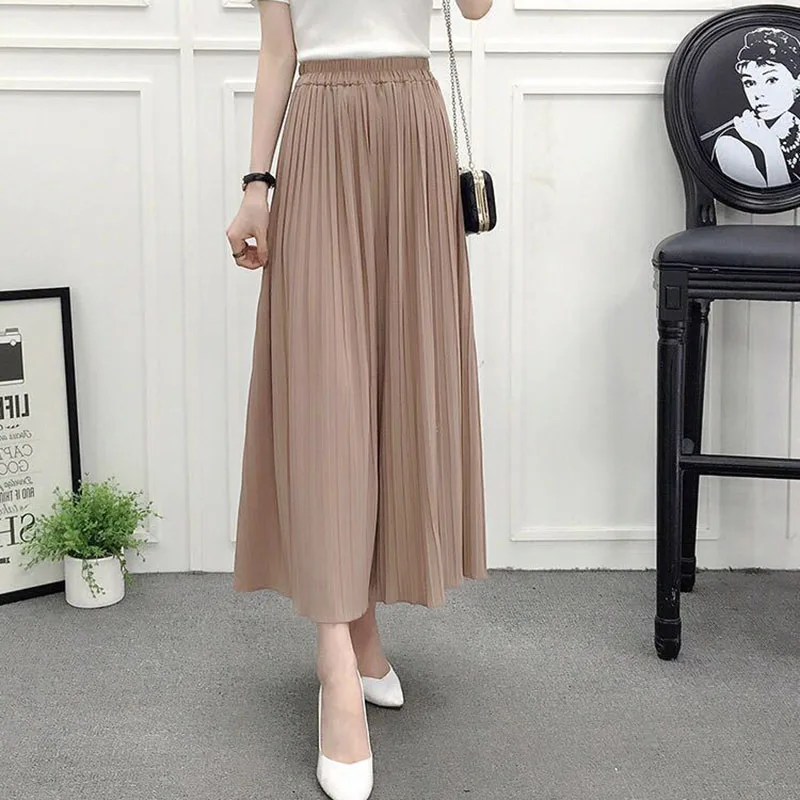 Lucyever 2023 Summer Thin Wide Leg Pants Women Casual Loose Elastic Waist Pleated Trousers Female Chiffon Ankle Length Pants