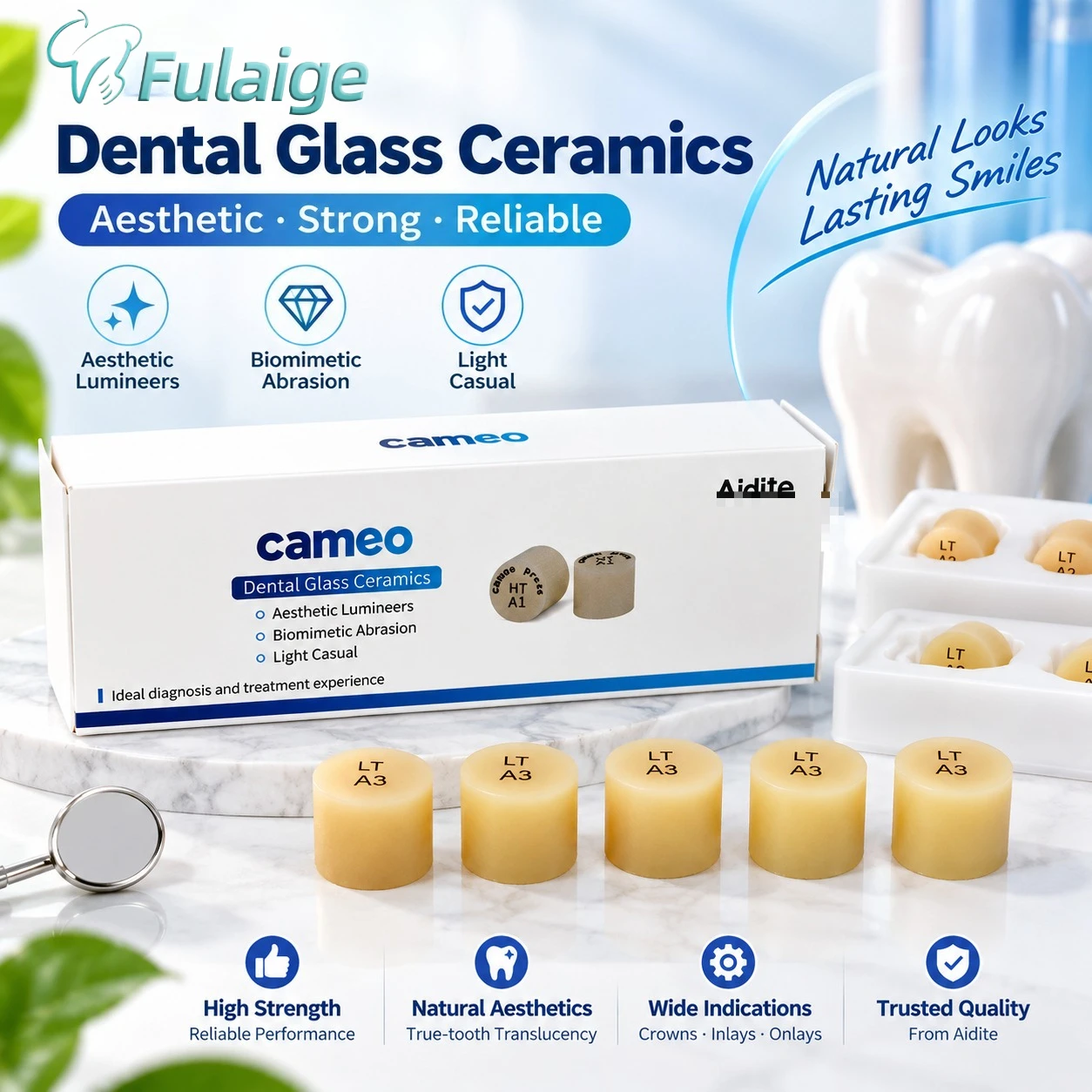 Camoe Lithium Disilicate Glass Ceramic Press Ingots 5Pcs/Pack, Dental Restorative Material for Crown and Veneer for Aidite