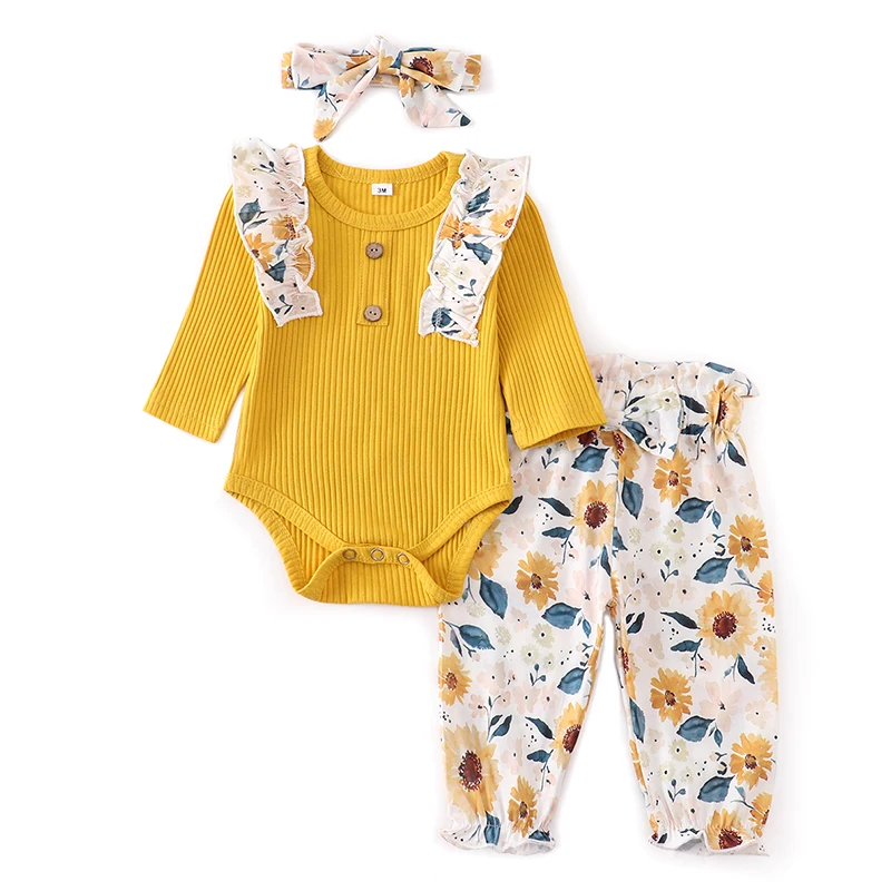 Autumn Newborn Baby Girl Clothes Fashion Sets Cute Ruffles Floral  Long Sleeve Yellow Flowers Long Pants Headband Infant Outfits