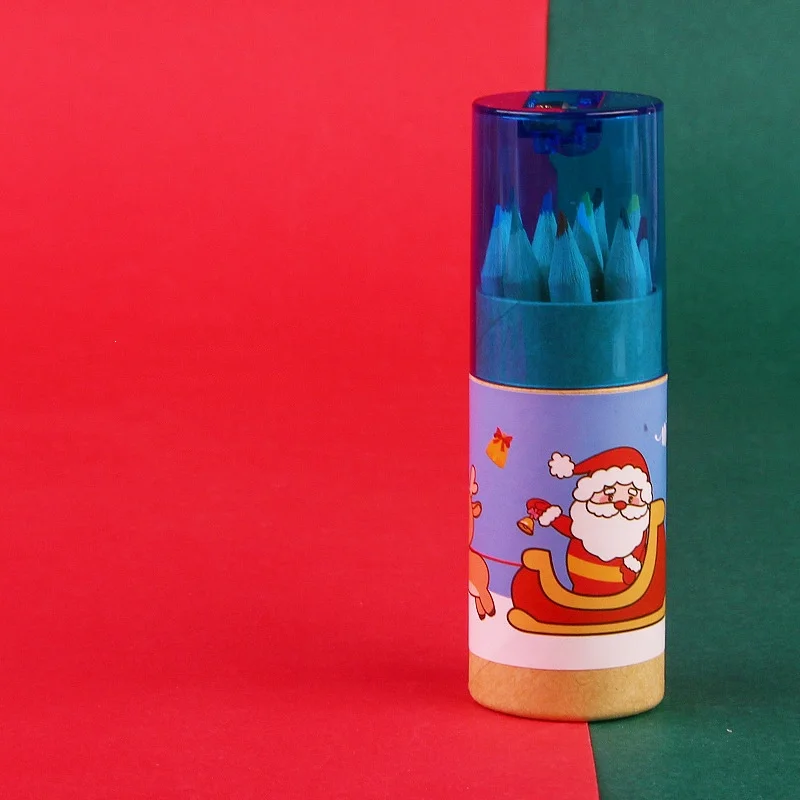 12 Colors Barrel Cartoon Colored Pencils Set Elementary School Drawing Christmas Gift