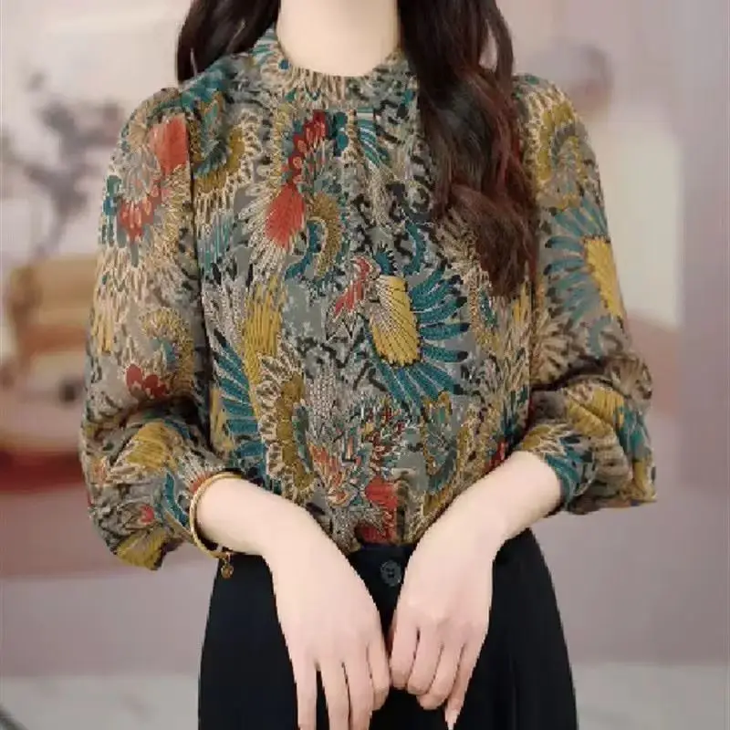 Spring Autumn New Fashion Round Neck Long Sleeve Printing Chiffon Women\'s Clothing Blouses Buttons Thin Style Temperament Shirts