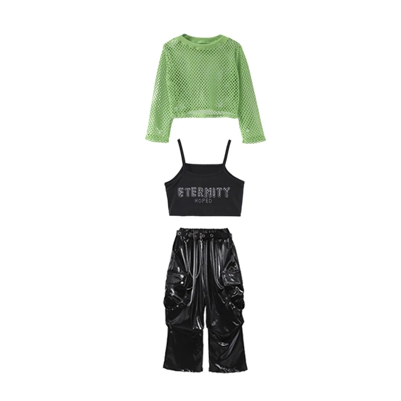 Kids Jazz Dance Clothes Hip Hop Costume Girl Net Crop Tops Leather Pants Street Dance Wear Kpop Performance Stage Outfit BL15443
