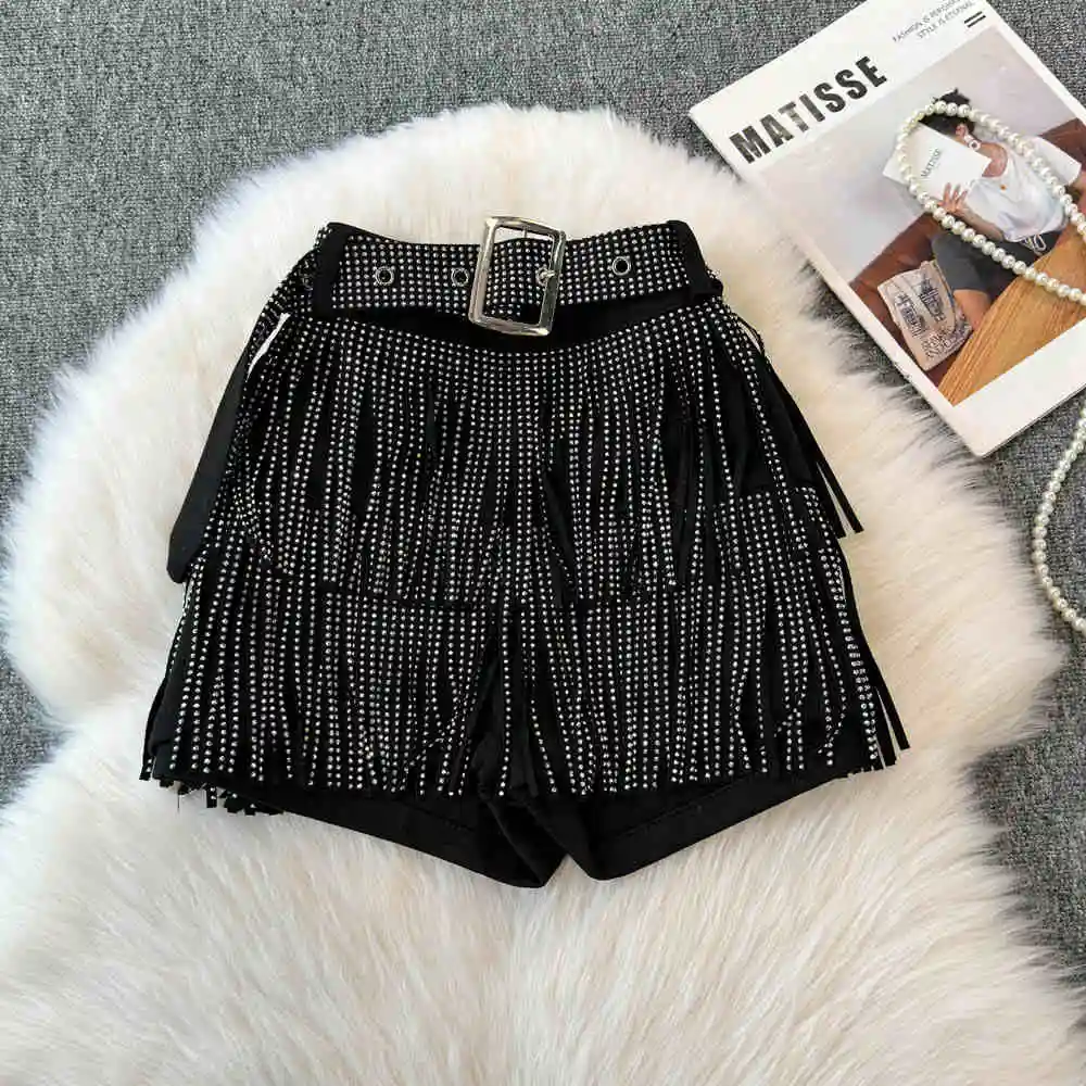 

Personality Fashion Tassel Shorts Summer Women's Diamond Black Sexy Mid Waist Dance Denim Hotpants Temperament Versatile Shorts