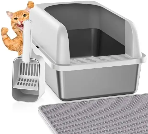 

Stainless Steel Litter Box with Lid, Metal Litter Box with Cat Litter Mat,Extra Large Enclosed Cat Litter Boxes for Mult