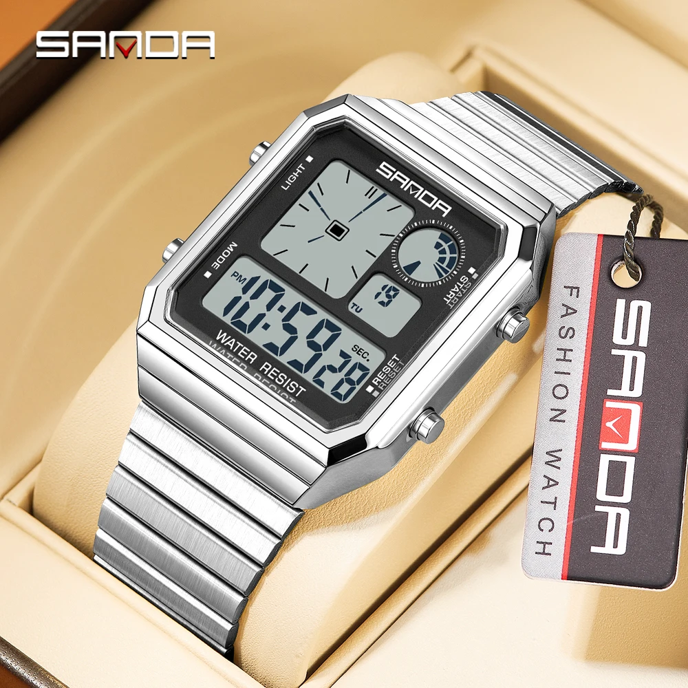 SANDA 6399 Hot-Selling LED Electronic Square Men's Youth Casual Multi-function Thermometer Stopwatch Chronograph Men’s Watch