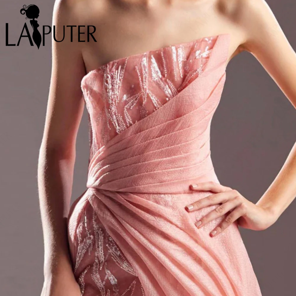 Pink 2in1 Evening Dresses 2024 Strapless Neck Lace Full Mermaid with A line Organza Skirt Formal Dress Box Pleat Celebrity Dress