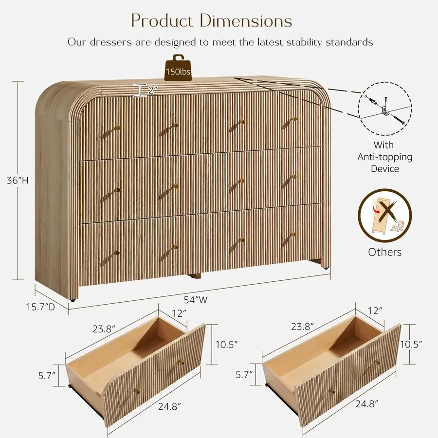 Fluted 6 Drawers Dresser for Bedroom, 54 Wide Modern Chest of Drawers with Thickened Curved Profile Design, Wood Dressers TV St