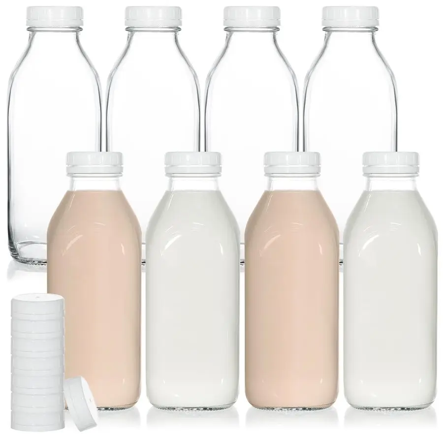 

8 упаковок стеклянных бутылок для молока на 32 унции с герметичными крышками Многоразовые герметичные контейнеры Можно мыть в посудомоечной машине, пищевые стеклянные бутылки Идеально подходят