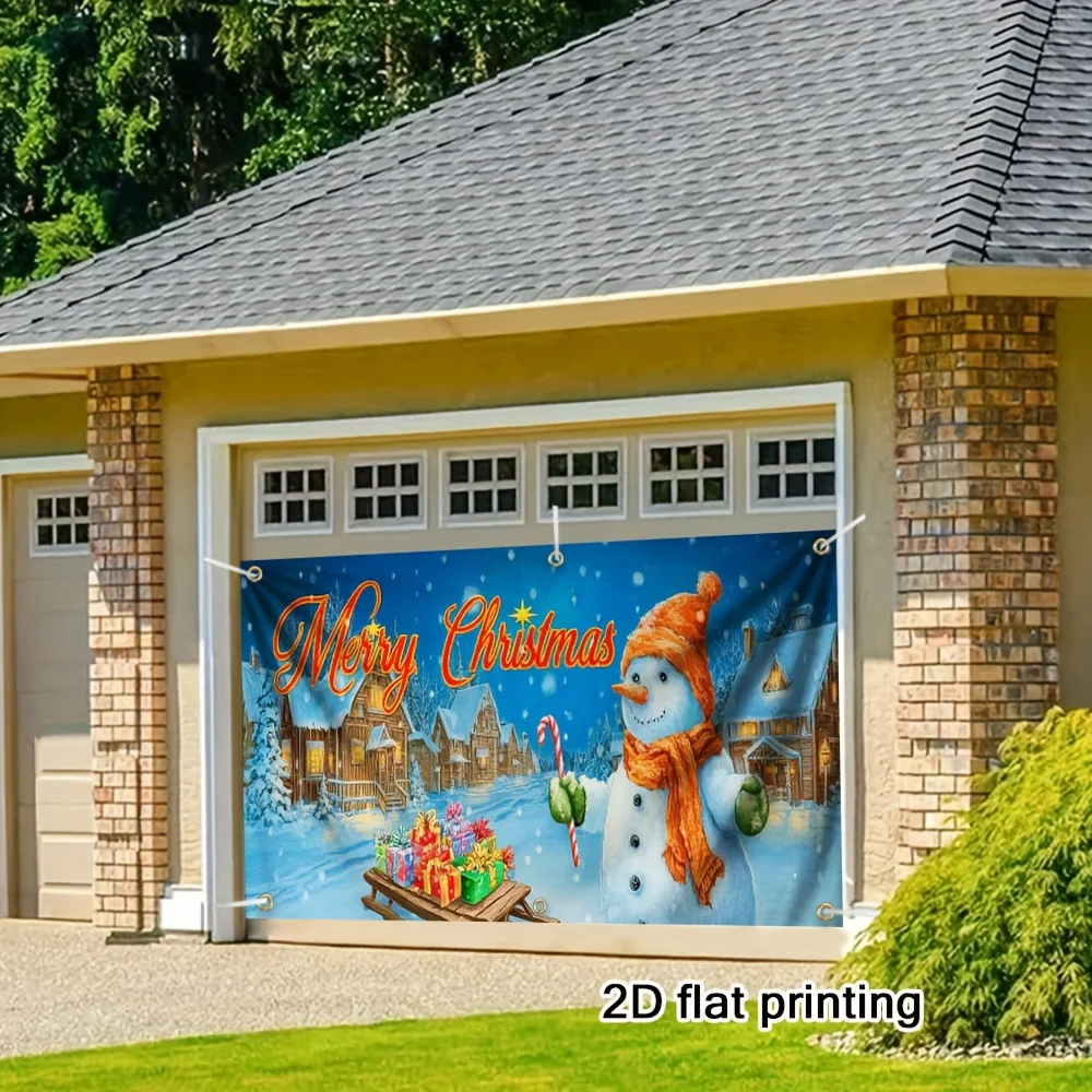 خطة ثنائية الأبعاد، 1 علم باب المرآب لعيد الميلاد المجيد - تصميم رجل الثلج ومشهد القرية، أنيق، ملحقات مناسبات العطلات