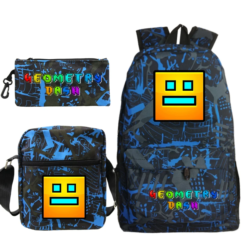 Sac à dos Angry Geometry Dash pour filles et garçons, cartable d'école primaire, sac à stylo initié, jeu de dessin animé drôle, ensemble de 3 pièces