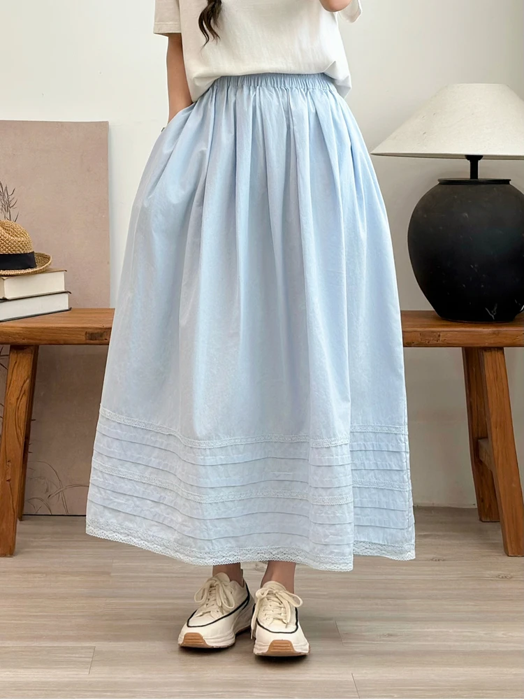 レトロな芸術的な純綿レーストリムスプライシングミディスカート女性の夏の新しいSle Ele中空花柄fボディスカート