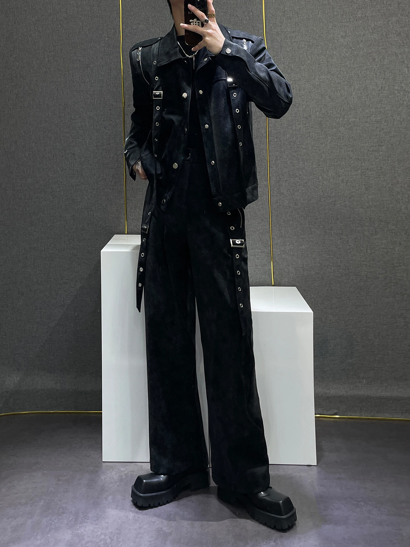 American High Street Fashion Design Heavy Leather Jacket Set Rivet High-end Stylish Motorcycle Jacket Coat for Men