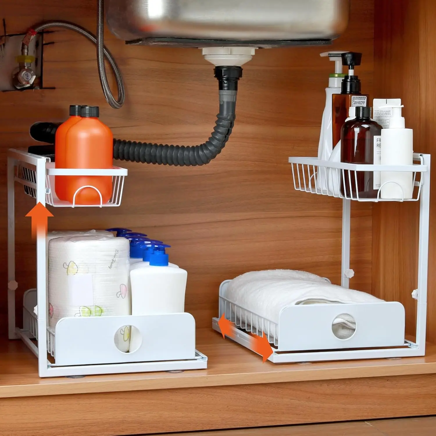 

2 Pack Height Adjustable Under Sink Organizers and Storage, 2 Tier Slide out Pull out Cabinet Organizer Shelf, White