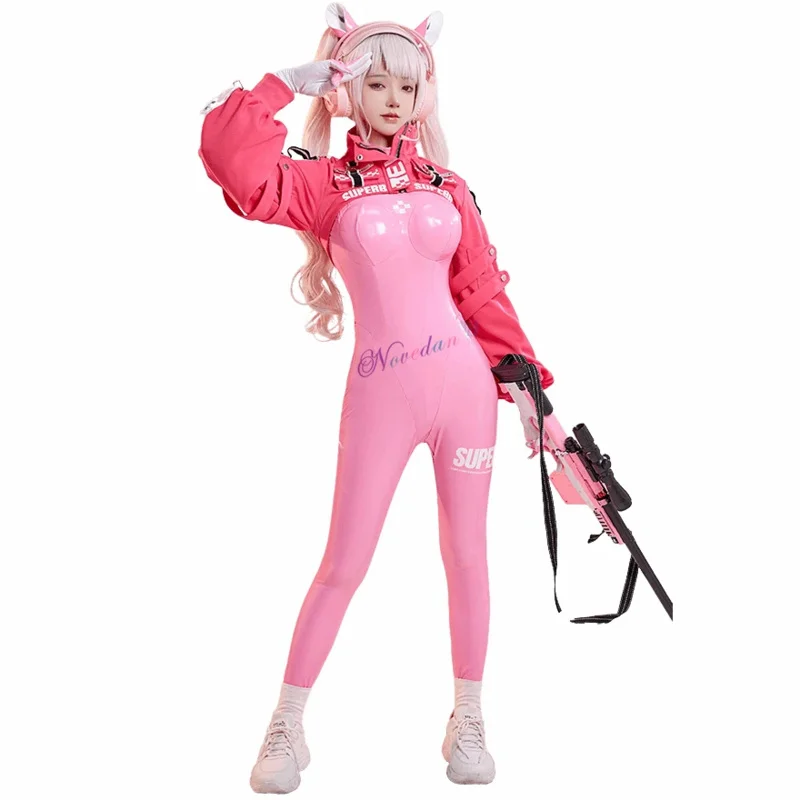 Anime Game Intérieur ke Alice Tambour Costume, Latex Catsuit Jumpsuit, Sexy Crop Top Jacket, Chaussures, Perruque Props Cosplay Costume, UY6736