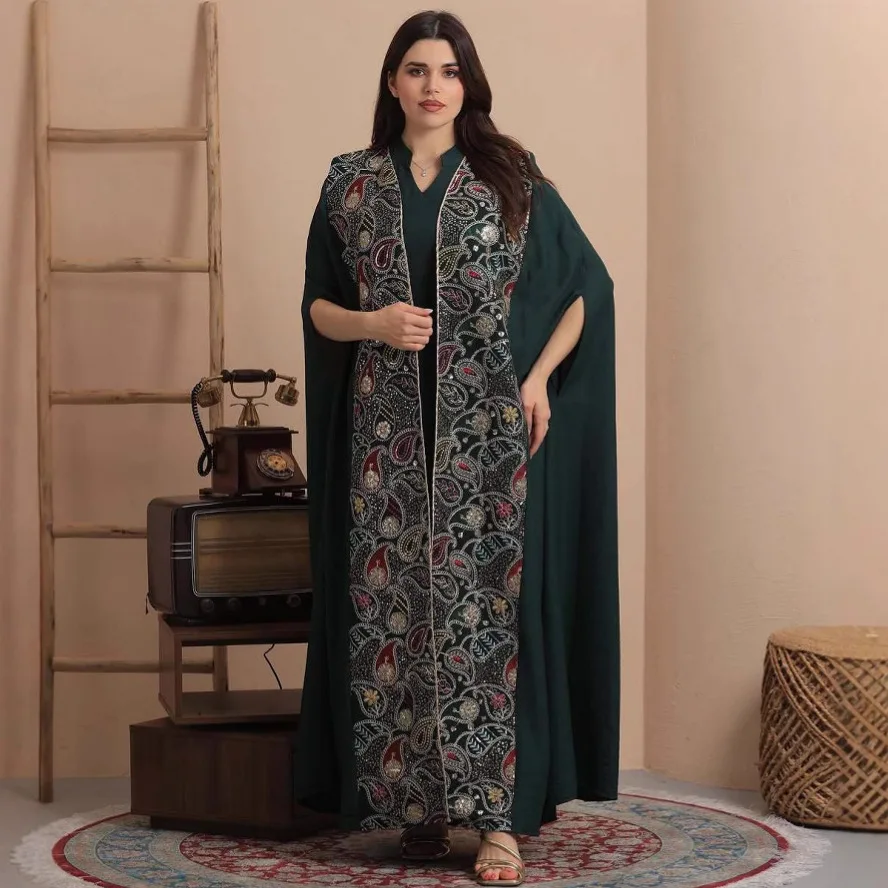 

Мусульманский комплект из двух предметов, модная лоскутная куртка с блестками, Дубай, элегантное стильное платье, Абая, Абая, Рамадан, Дубай, роскошный ислам, элегантный