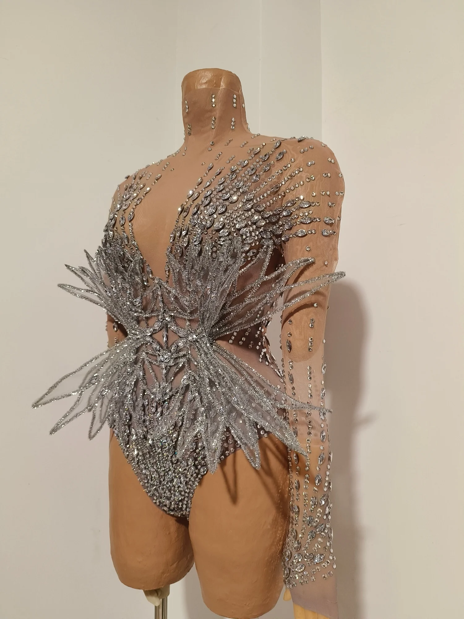 Sheer Mesh Long Sleeve Bodysuit Silver Rhinestones 3D Spiky Silver Glitter Wing Dance Stage Performance Sexy Costume Qingying
