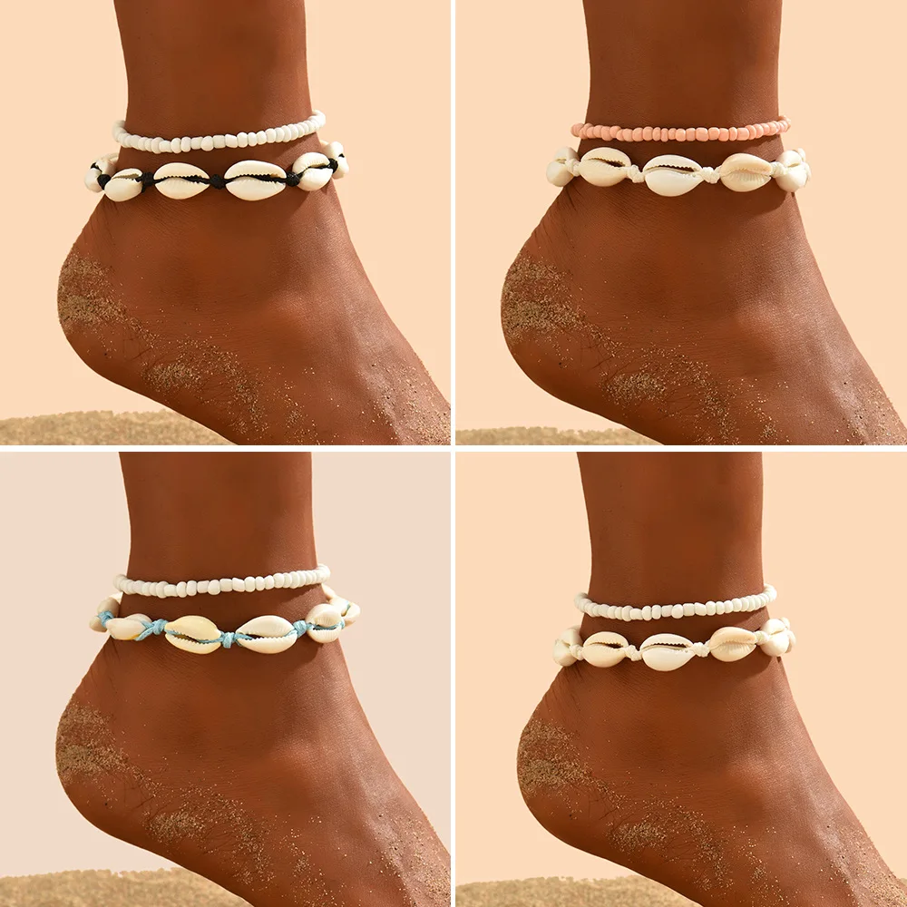 2pcs/set Bohemia Natural Shell Bead Anklets for Women Beach Barefoot Jewelry Fashion Handmade Foot Chain Shell Ankle Bracelets