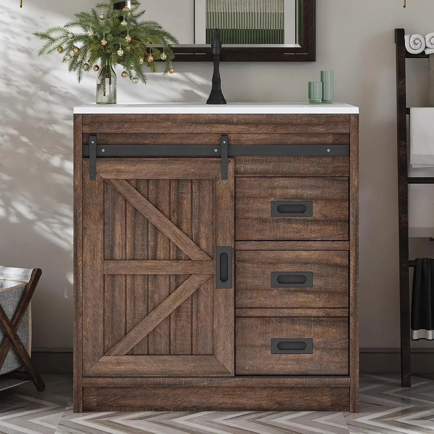 

31" Farmhouse Vanity Sink Combo Barn Door Cabinet Drawers Metal Handle Freestanding Barnwood, Customized