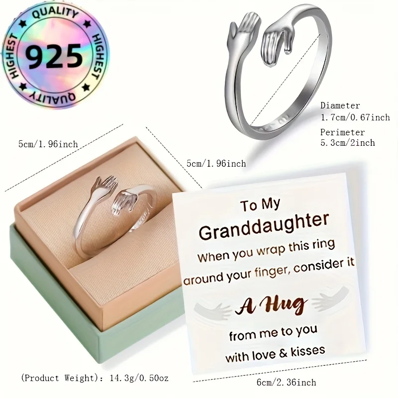 925 Sterling Silver Hug Gesture Open Ring - Elegant and Fashionable - Comes with a Card - Ideal Gift for Granddaughter/Girl's Birthday, Anniversary, Holiday, Special Occasion, Fashion Accessory, Bohemian Style