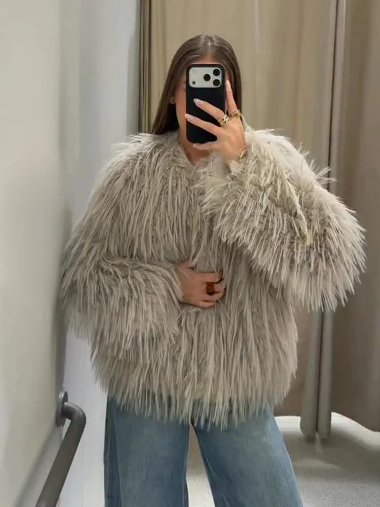 

HH Women Fashion Long Sleeve Natural Imitation Fur Solid Coat Winter Female O-Neck Warm Pockets Casual Loose Outwear Jacket