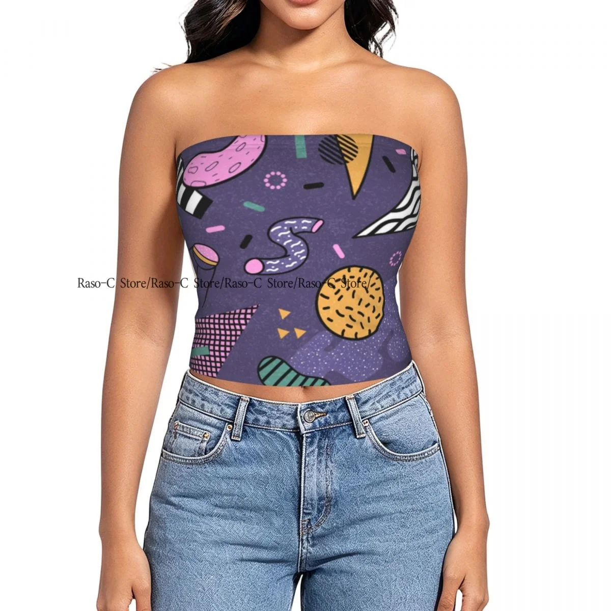 Women Block Crop Slim Tube Top Abstract- Memphis Space Geometric Retro Strapless Top For Summer Female Clothing