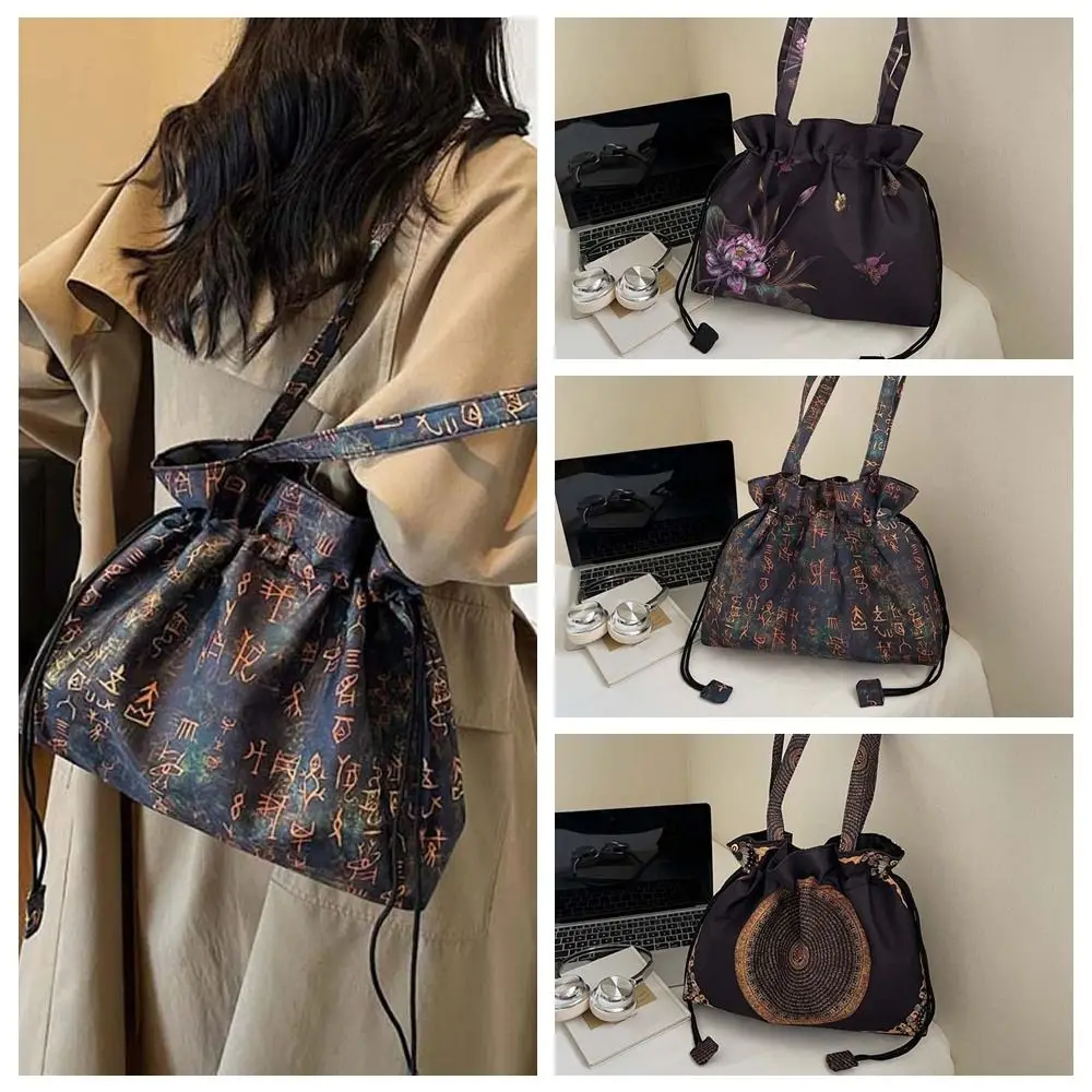 

Cotton Hanfu Drawstrings Bag Retro Flower Chinese Printed Shoulder Pouch Characters Ethnic Style Embroidery Handbag Outdoor