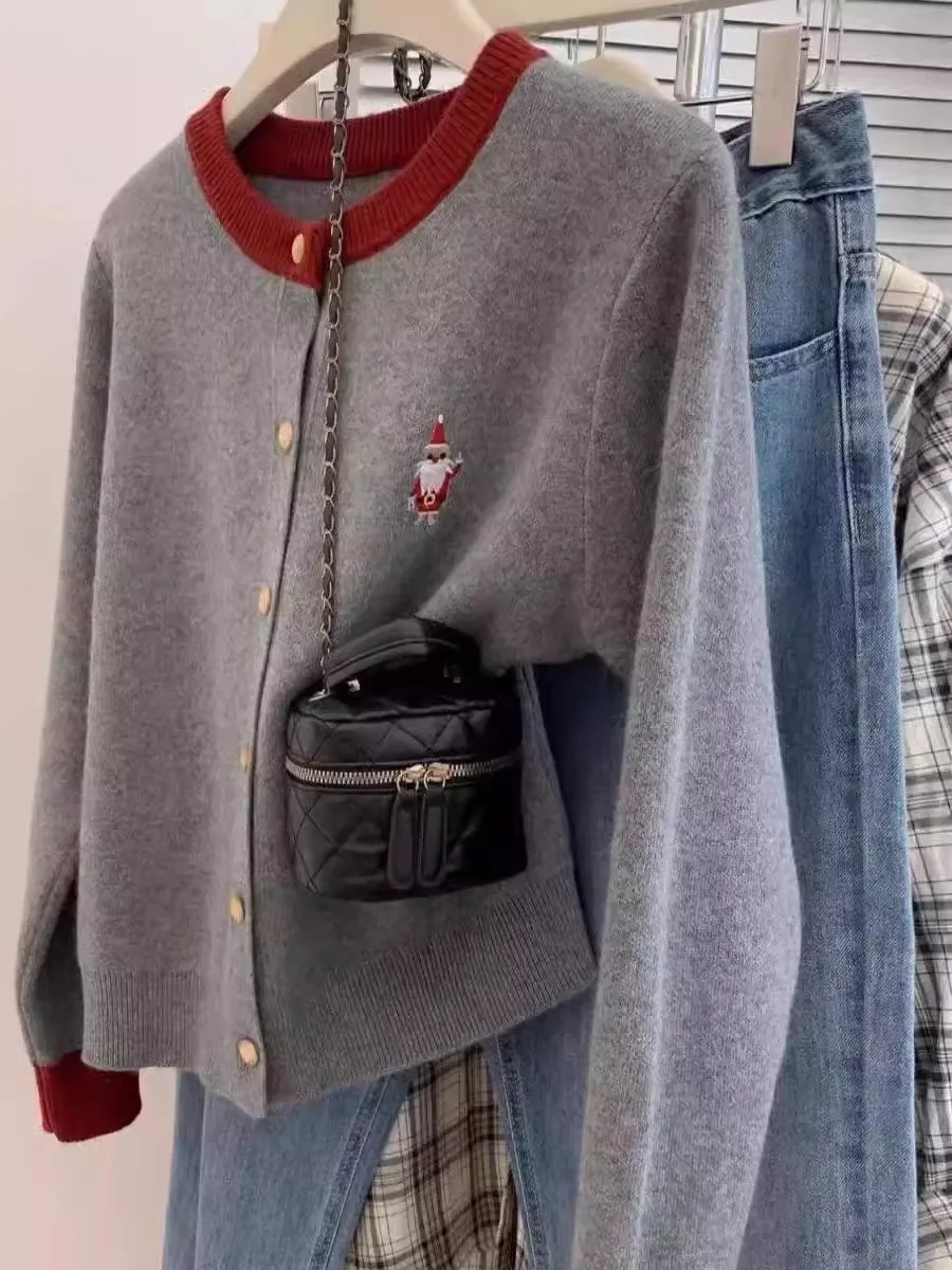 Otoño Invierno Thiened lana Merino cárdigan abierto mujer Patchwork bordado S Claus suéter versátil abrigo oculaire Camere