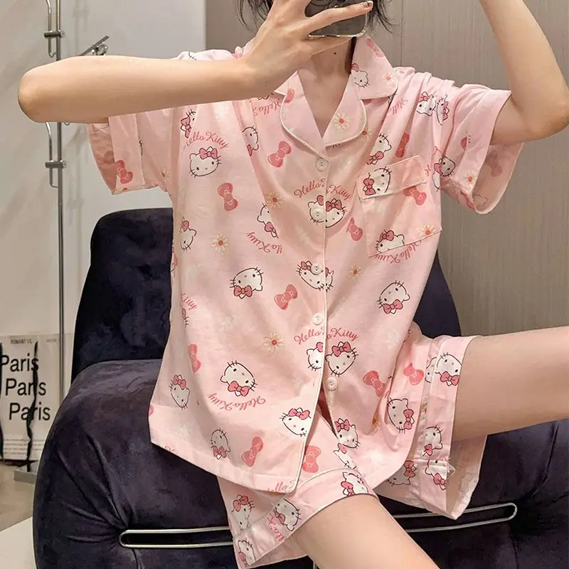 

Sanrio Pure Cotton Pajamas Women's Summer Sweet Hello Kitty Short-sleeved Shorts Home Clothes Set Can Be Worn Outside