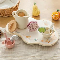 Wooden Kid Montessori Toy Afternoon Tea Set Teapot Teacup Simulation Kitchen Utensil Kid Role Play Game Education Block Toy Gift