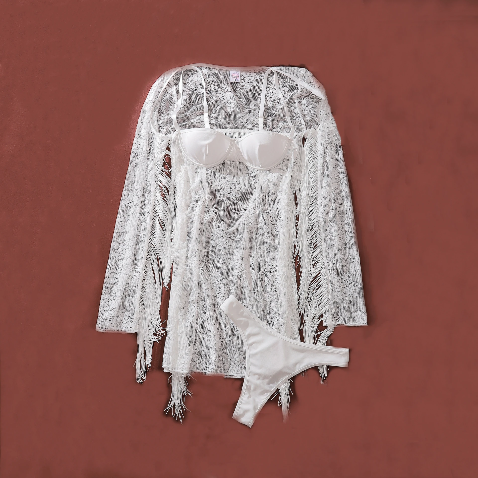 

Temperament Palace Style Tassel Cardigan Dresses Women's White Patchwork See Through Lace Lingerie Pure Desire Hip Hugging Dress