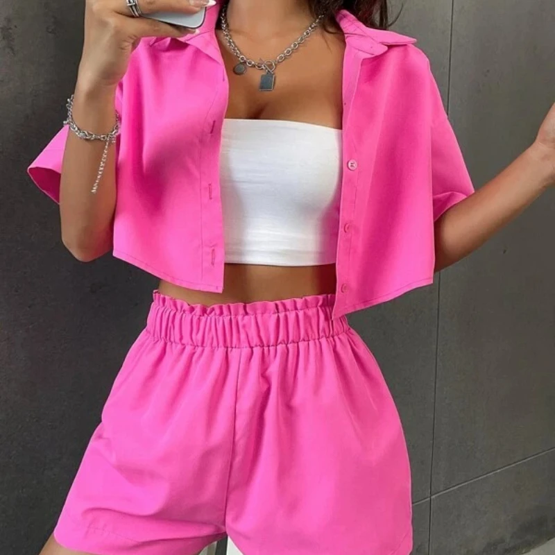 2023 Zomer Nieuwe Vrouwen Tweedelige Set Effen Kleur Single Breasted Korte Mouw Polo Shirt Shorts Fashion Casual Shorts set