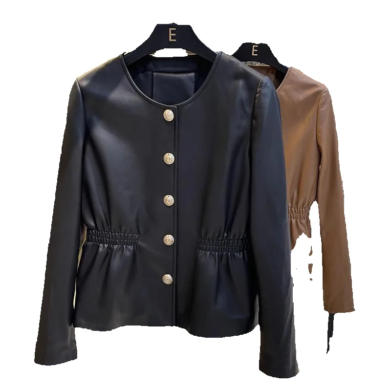 New Bai Pai Round Neck Sheepskin Waistband Slim Fitting Genuine Leather Jacket For Women's Short Jacket Jacket Jacket