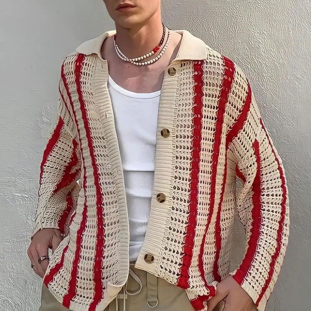 

Knit Coat Men's Fall Spring Knitted Cardigan with Hollow Out Design Color Matching Patchwork Coat Stylish Turn-down Collar for A