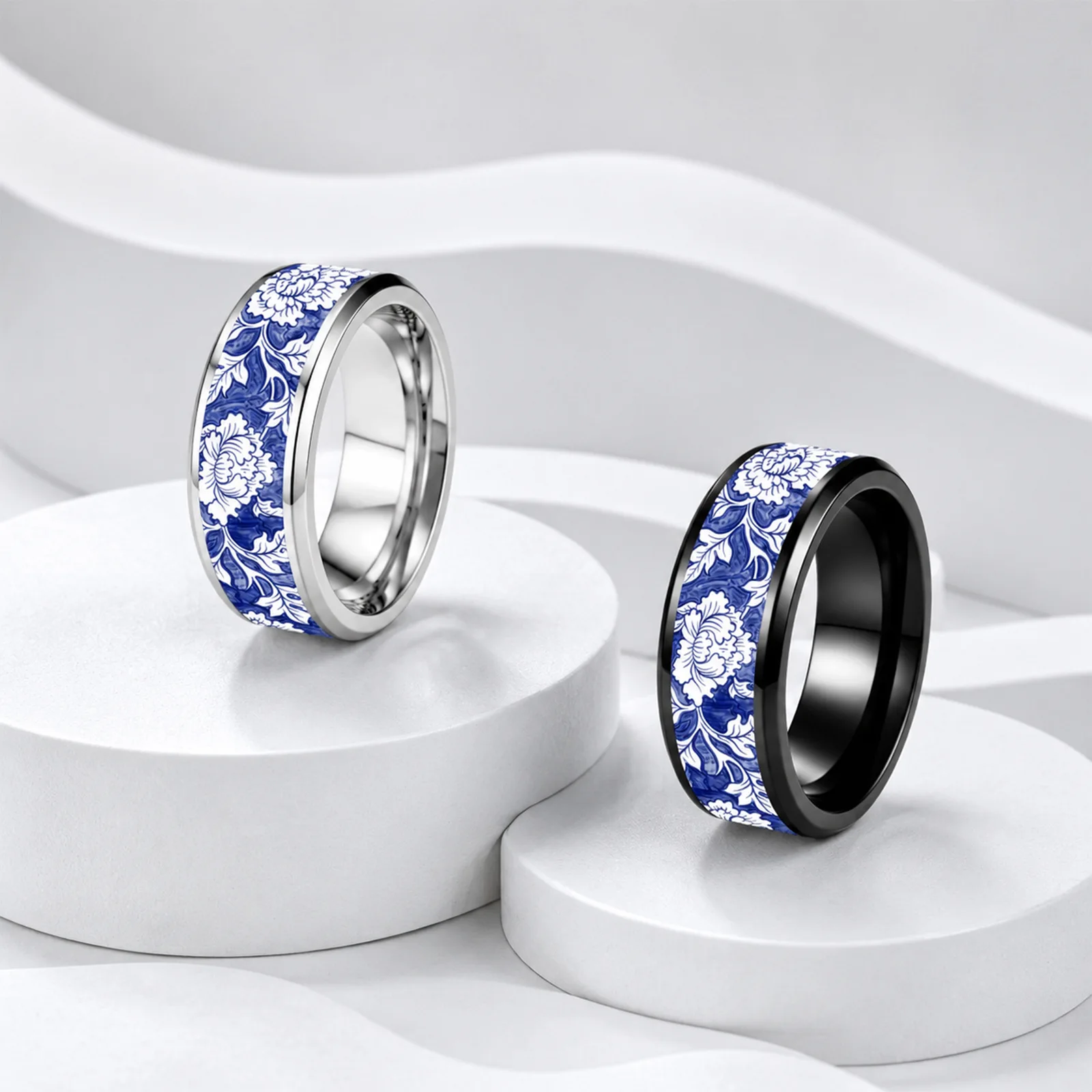 Fashion 8MM China Style Vintage Blue and White Porcelain Stainless Steel Rings Polished Double Beveled Stainless Steel Jewelry