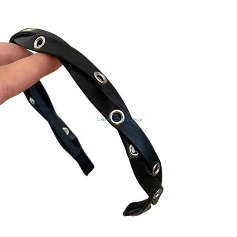

L5YB Twisted PU Leather Headbands Elastic Woman Makeup Headband Exaggerated Adjustable Rock Punk Hairband Anti-Slip