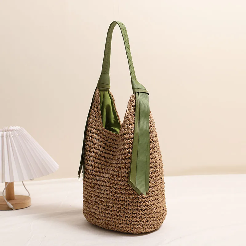 Neue 2026 Einfarbige Strohtasche Sommer Bohemian Style Strandurlaub Einzel-Schultertasche Geflochtene Handtasche für Damen – Detail 16