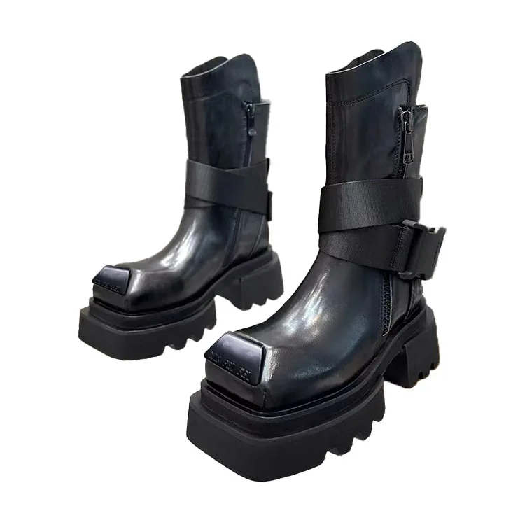 Thick-soled Women's and Men's 2025 Autumn New British Style Belt Buckle Thin Western Cowboy High Heels Platform Boots