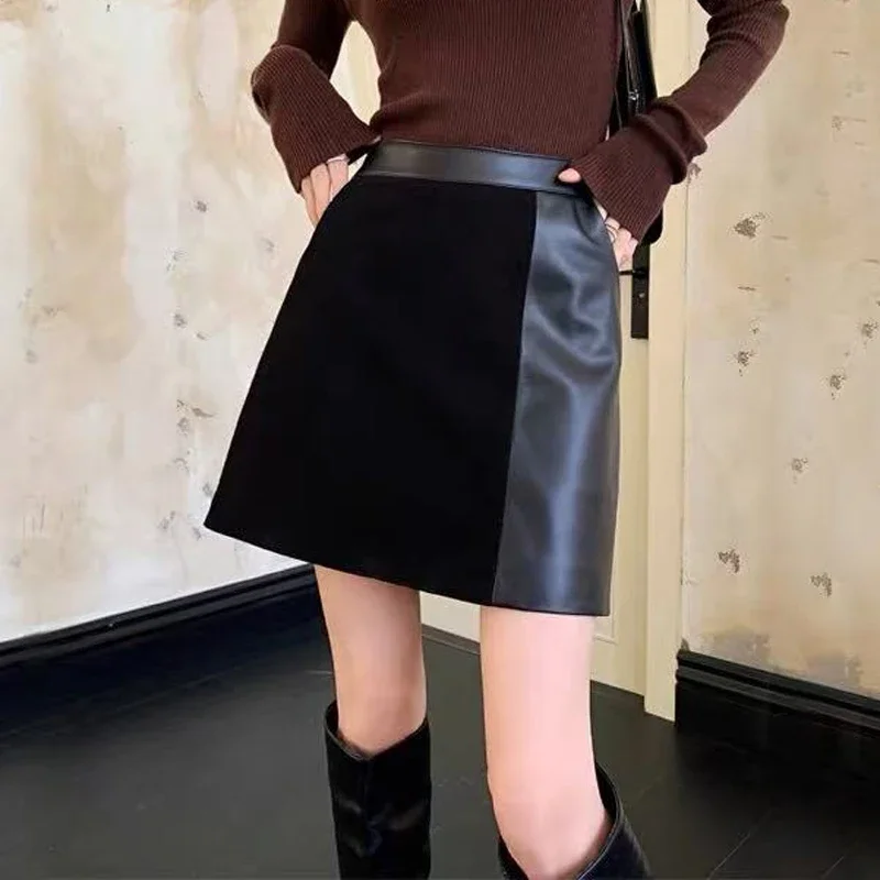 ผู้หญิงเด็กหนังเสื้อผ้า Suede Lambskin Patchwork สั้น Falads หญิง A-Line ไม่สมมาตร SLIM FIT กระโปรงมินิสีแดง Jupe Femme