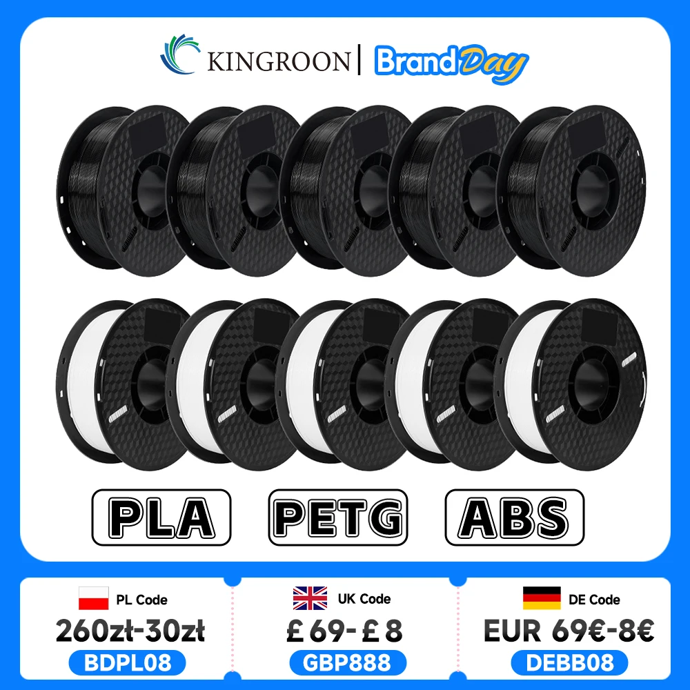 KINGROON 10KG PLA/ ABS/ PETG Filament 1.75mm Black White Gray , Wholesale 10 Rolls PLA ABS PETG Plastic For 3D Printer