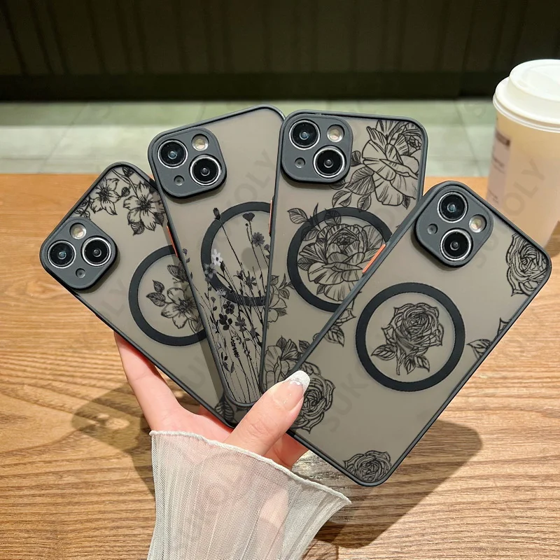 Flowers Pattern For iPhone 17 17e 16e 16 15 14 Pro 13 12 11 Pro Max Case For Magsafe Wireless Charging Matte Hard Phone Cover