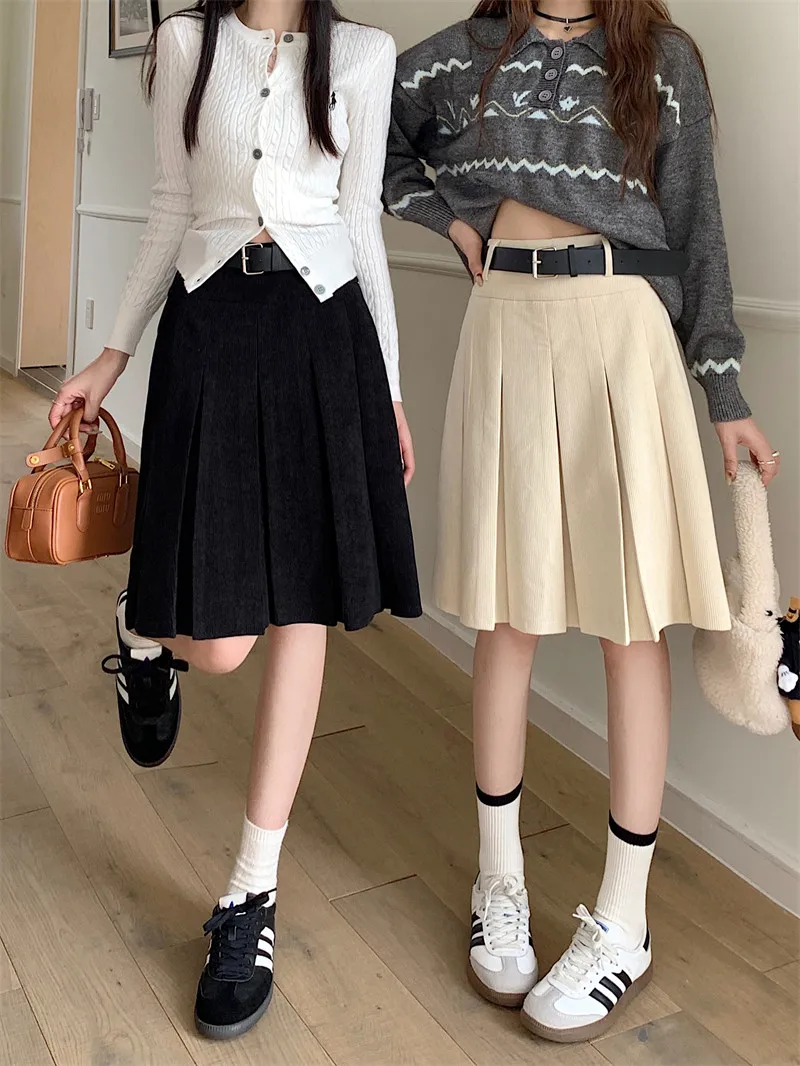 Woman Japanese Gothic High Waist Pleated Skirt  for Women Vintage Solid Cargo Skirts Female Elegant Autumn Winter Skirts D924