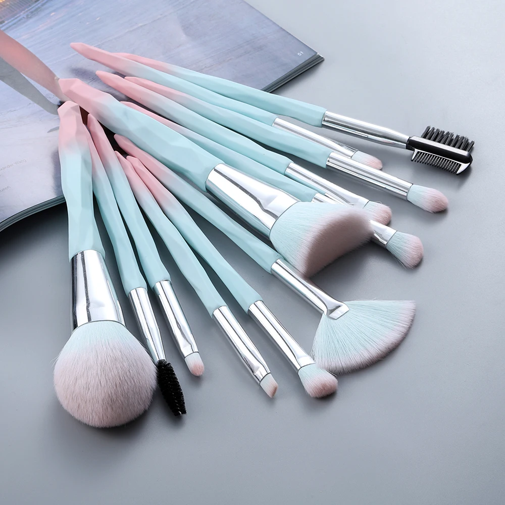 Conjunto de pincéis de maquiagem azul, rosto, olhos, lábios, sombra, sobrancelha, pente, cílios, base, pó, ferramentas, cosméticos