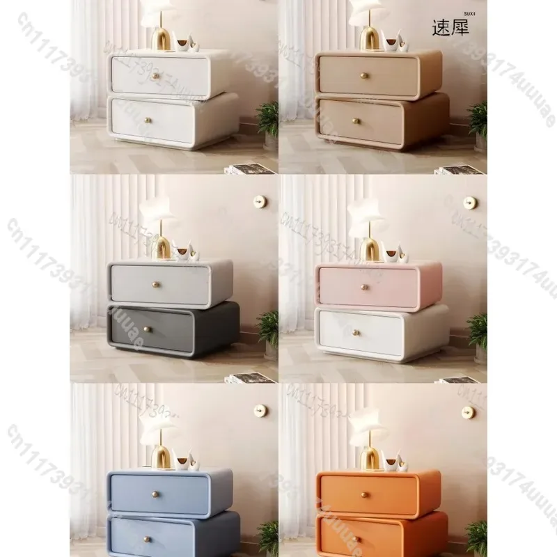 Solid Wood Rotating Bedside Table with 2 Drawers Creative Faux Leather Storage Cabinet Bedroom Nightstand Solid Color Modern