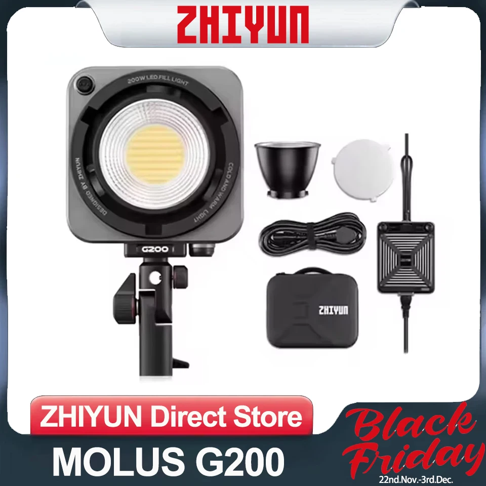 ZHIYUN MOLUS G200 Video Light 200W LED Photography Lighting Fill Light for Photos Studio Video Youtube TikTok Outdoor Shooting