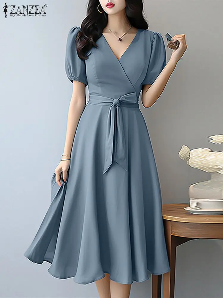 Zanzea elegante Sommer A-Linie Vestidos koreanische Mode kurze Puff ärmel V-Ausschnitt Frauen Midi-Kleid stilvolle gebundene Taille Party kleider