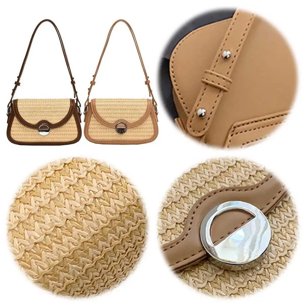 Women Straw Woven Bag Large Capacity Stylish Crossbody Bag Patchwork Chic Hobo Bag Adjustable Strap for Outdoor Travel