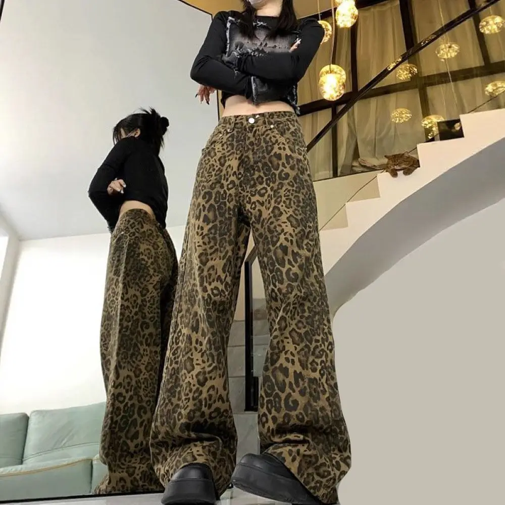 

Fashion Baggy Leopard Print Jeans Straight Leg Retro Cowboy Pants Ins Style Wide Leg High Waist Pants Party