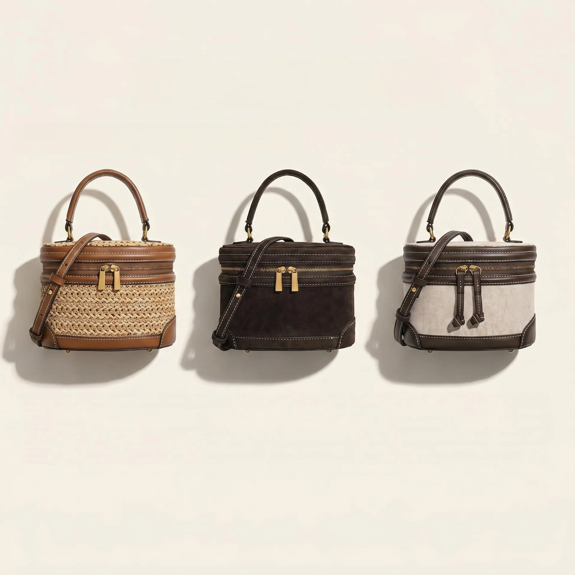 Women Retro Cylinder Bucket Handbag Straw Canvas Splice Top Handle Crossbody Purse Vintage Zipper Makeup Bag For Daily Travel