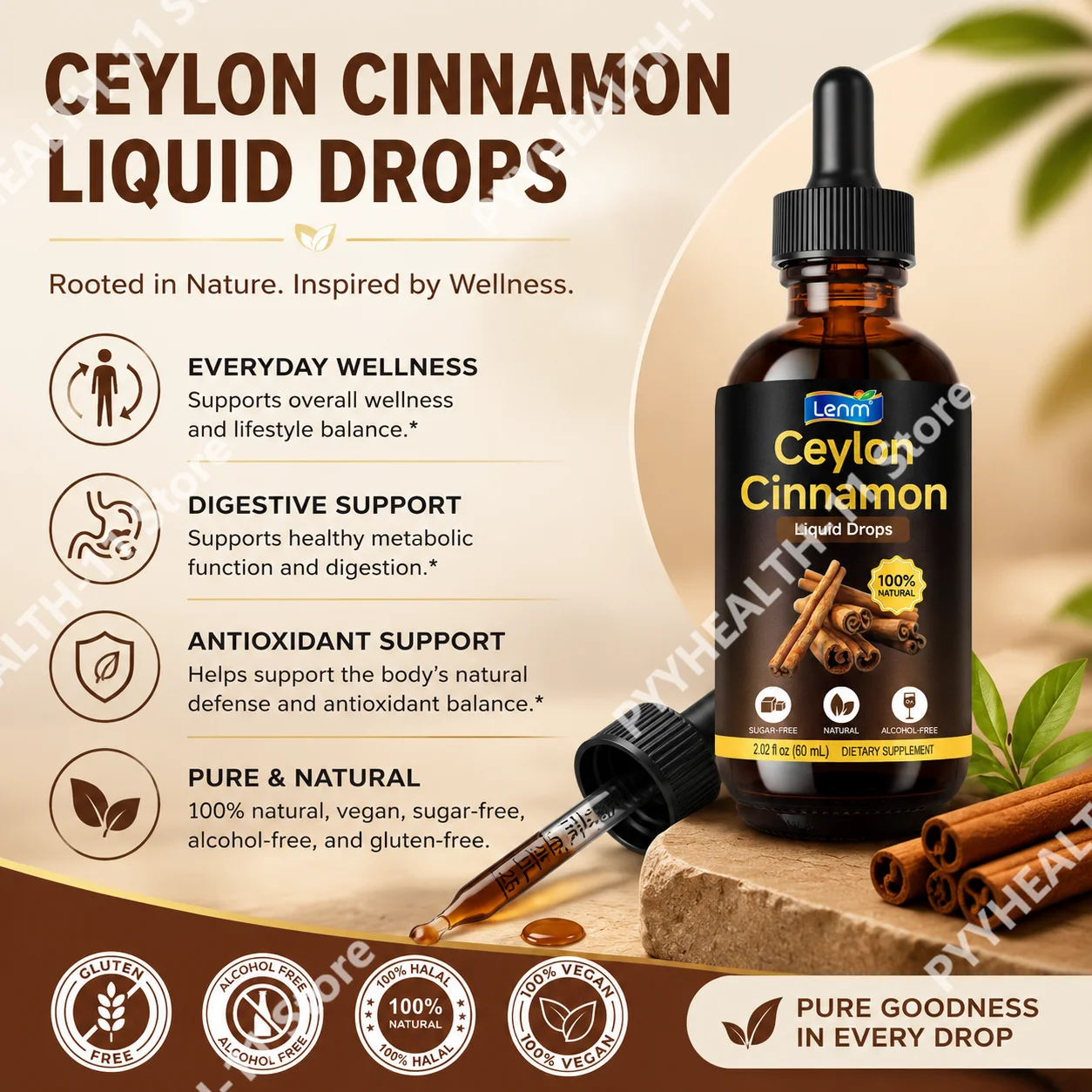 Lenm Ceylon Cinnamon Extract Drops 100% Natural,Antioxidant,Metabolism-Promoting,Digestion-Aiding,Easy to Absorb,Sugar-Free,60ml
